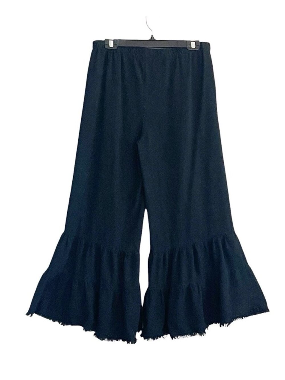 Umgee Black Pull On Pants SZ Large Cropped Wide Leg Ruffle Hem Boho Linen/Cotton